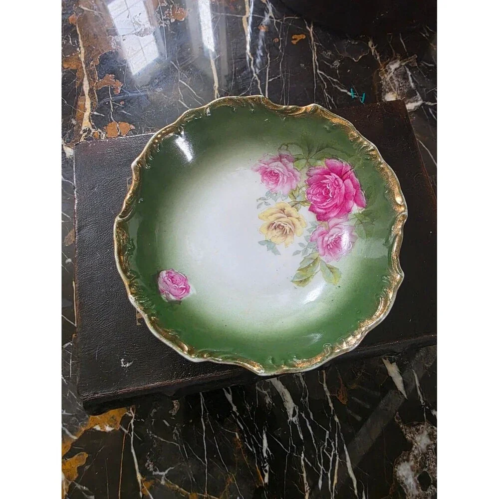 Shabby Chic Roses Pink Gold Gilt Ornate Scalloped Embossed Green Bowl Catch All